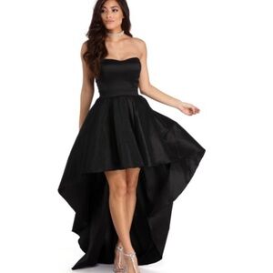 High to low strapless black prom dress (pockets)